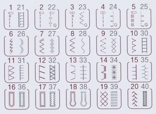 Panel z różnymi ściegami maszyny do szycia Brother F400. Zawiera 40 ikon przedstawiających różne wzory ściegów, w tym proste, zygzakowate i ozdobne. Ikony są umieszczone na jasnym tle, z wyraźnymi numerami obok każdego wzoru.