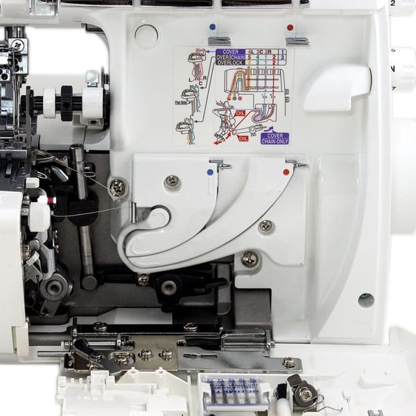 Maszyna overlock JUKI MO-735 z widoczną funkcją renderki. Biały korpus z instrukcją użytkowania na obudowie. Widoczne elementy mechaniczne, w tym igły, nici oraz uchwyt. Kąt ujęcia z boku, ukazujący szczegóły wnętrza urządzenia.