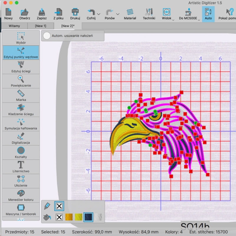 Program Janome Artistic Digitizer Full z interfejsem do projektowania haftów. Widoczne narzędzia, siatka z czerwonymi liniami oraz kolorowy wzór orła z detalami. Wymiary projektu: 99 mm szerokości, 84,9 mm wysokości, 4 kolory, 15700 ściegów.