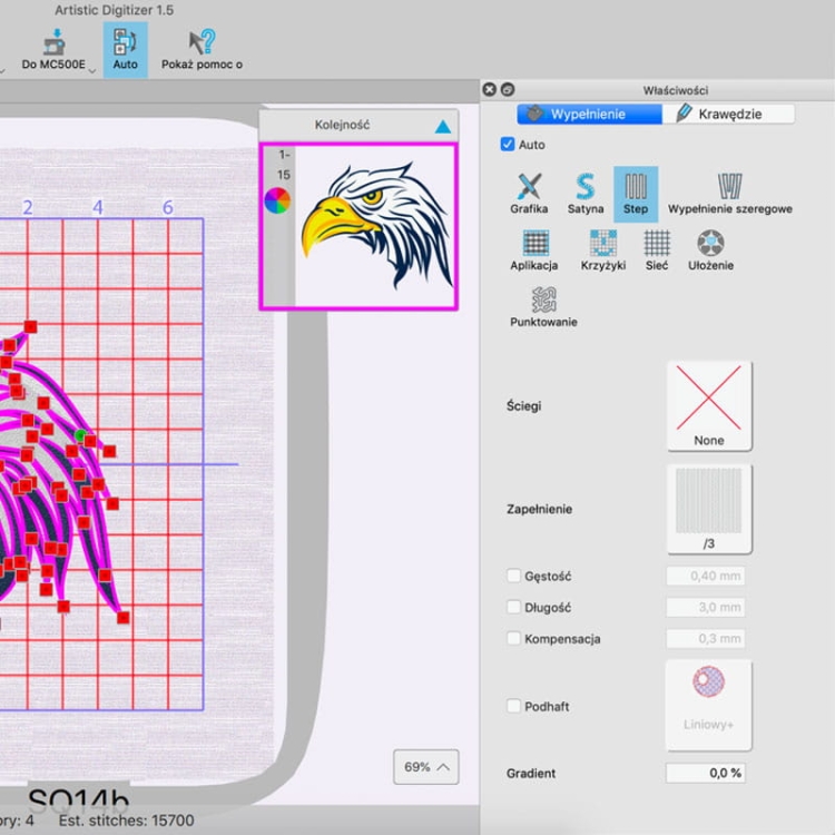 Interfejs programu Janome Artistic Digitizer 1.5, z widocznym projektem haftu orła w lewym górnym rogu. Obok siatka z czerwonymi kwadratami. Po prawej stronie dostępne opcje edycji, takie jak wybór ściegów i wypełnienia.