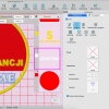 Program Janome Artistic Digitizer Full do projektowania haftów, z interfejsem pokazującym tekst JANOME oraz symbole graficzne, w tym czerwone kółko i tekst 5 LAT GWARANCJI. Widok z góry na okno aplikacji z narzędziami do edycji.