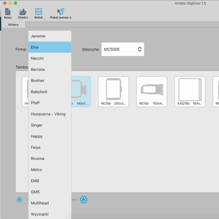 Interfejs programu Janome Artistic Digitizer 1.5 do projektowania haftów, z rozwijanym menu wyboru marek maszyn, takimi jak Elna, oraz miniaturami tamborów. Widoczne są opcje dotyczące maszyny MC500E. Tło w jasnych odcieniach szarości.