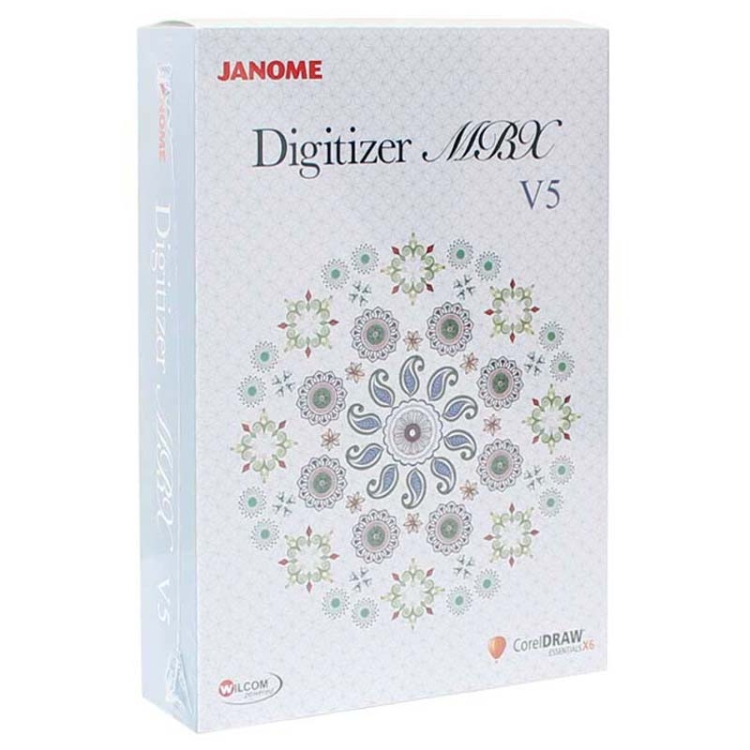 Oprogramowanie Janome Digitizer MBX V5.5 w eleganckim opakowaniu z kolorowym wzorem mandali na białym tle. Widoczne logo JANOME oraz nazwa produktu, ze wzmianką o współpracy z CorelDRAW. Opakowanie stojące, z boku.