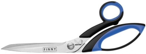Zestaw nożyczek krawieckich Kretzer, w tym model 24 cm z ostrzami ze stali nierdzewnej i ergonomicznymi uchwytami w kolorze czarnym i niebieskim. Nożyczki idealne do precyzyjnego cięcia tkanin.