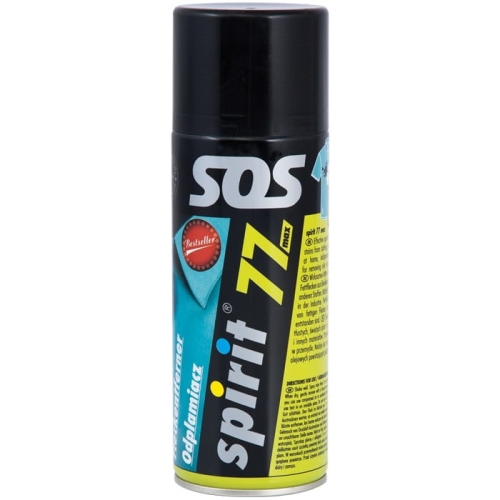 Odplamiacz spray 400ml Spirit 77 MAX w cylindrycznym pojemniku z zakrętką. Etykieta w kolorze czarnym, z dużym napisem spirit 77 oraz logo SOS. Widoczny niebieski element graficzny z napisem Odplamiacz. Informacje na żółtym tle w dolnej części.