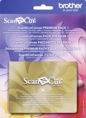 Pakiet ScanNCut Canvas Premium Pack 1 od Brother zawiera 125 wzorów projektów, prezentowany na jasnym tle. Na opakowaniu widoczne są napisy w różnych językach, w tym Enhanced Image Tracing oraz logo marki Brother.