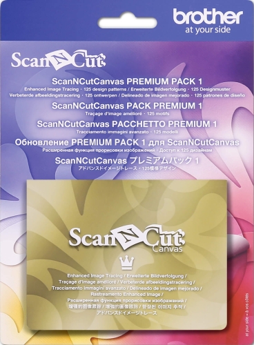 Pakiet ScanNCut Canvas Premium Pack 1 od Brother zawiera 125 wzorów projektów, prezentowany na jasnym tle. Na opakowaniu widoczne są napisy w różnych językach, w tym Enhanced Image Tracing oraz logo marki Brother.