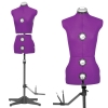 Manekin krawiecki Texi Dress Form w kolorze fioletowym, regulowany, z metalowymi elementami do dostosowania obwodu. Ustawiony na stabilnej podstawie z przegubem, widok z przodu i z boku, idealny do szycia i dopasowywania odzieży.