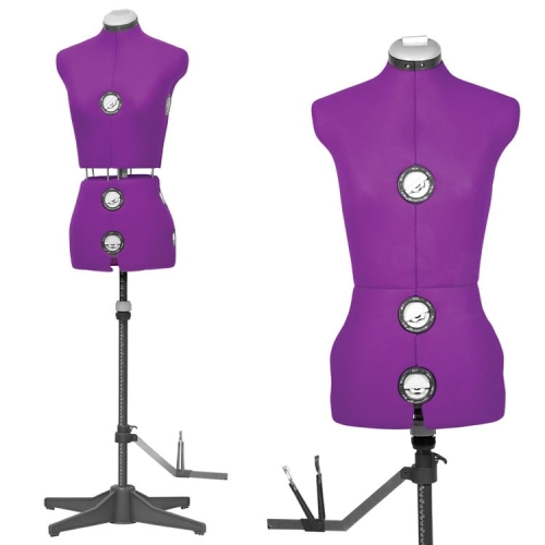 Manekin krawiecki Texi Dress Form w kolorze fioletowym, regulowany, z metalowymi elementami do dostosowania obwodu. Ustawiony na stabilnej podstawie z przegubem, widok z przodu i z boku, idealny do szycia i dopasowywania odzieży.