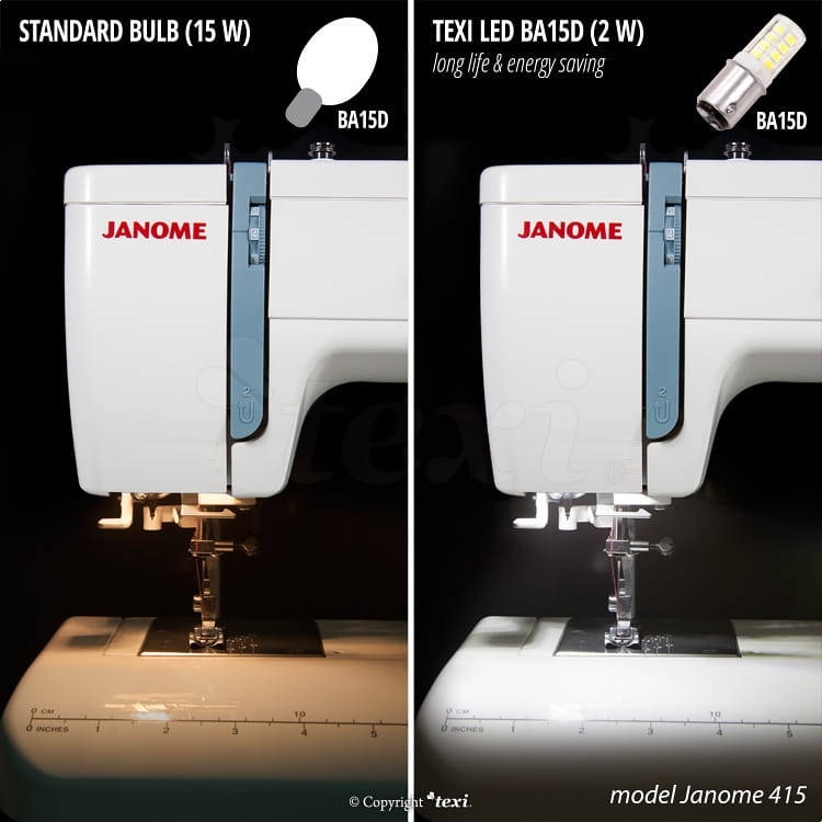 Żarówka LED BA15D 2W do maszyny do szycia, z widoczną obudową i diodami LED, umieszczona obok standardowej żarówki 15W. Ujęcie z boku, na tle maszyny do szycia Janome 415, z podkreśloną jasnością LED.