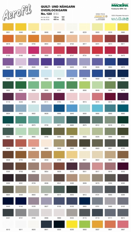 Nić do szycia Madeira AEROFIL 120 w kolorze lazurowym (8941), długość 100 m. Gładka, poliestrowa nić, idealna do szycia i quiltowania, prezentująca intensywny odcień niebieskiego. Widok frontalny na szpulkę.