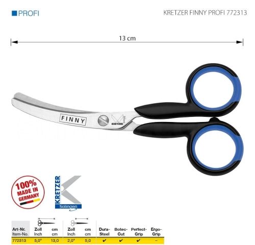 Nożyczki krawieckie Kretzer Finny Profi 772313 o długości 13 cm, wygięte, z ostrzami ze stali Dura-Steel. Rączki ergonomiczne w kolorze czarnym z niebieskimi elementami. Widok frontalny, stojące na białym tle.