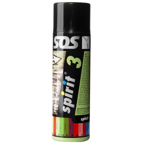 Silikon antyelektrostatyczny spray 500ml Spirit 3, w czarnej butelce z zielonym i białym etykietowaniem. Widoczne logo SOS oraz napis spirit 3. Spray ma prostą, cylindryczną formę, umieszczony na jednolitym tle.