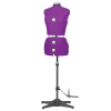 Manekin krawiecki Texi Dress Form w kolorze fioletowym, regulowany w rozmiarach 42-48. Ujęcie frontalne, produkt na stabilnej podstawie, z widocznymi pokrętłami do regulacji wymiarów. Idealny do szycia i dopasowywania odzieży.