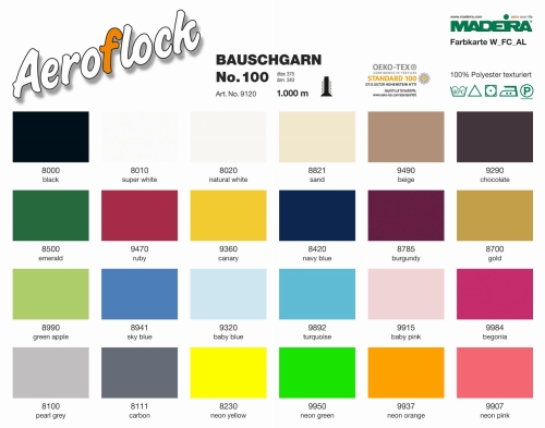 Nić owerlokowa elastyczna Madeira AEROFLOCK 100, 1000 m, kolor 8000, czarny. Produkt o matowej fakturze, wykonany z 100% poliestru. Widoczny na tle kolorów, z czytelnym logo Madeira w górnej części. Idealny do szycia i wykończeń.