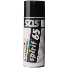 Sprężone powietrze w sprayu 400ml Spirit 65, z czarną pokrywką i etykietą w białych oraz kolorowych detalach. Etykieta zawiera informacje o produkcie oraz instrukcje użycia. Produkt stoi na jednolitym tle.