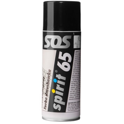 Sprężone powietrze w sprayu 400ml Spirit 65, z czarną pokrywką i etykietą w białych oraz kolorowych detalach. Etykieta zawiera informacje o produkcie oraz instrukcje użycia. Produkt stoi na jednolitym tle.