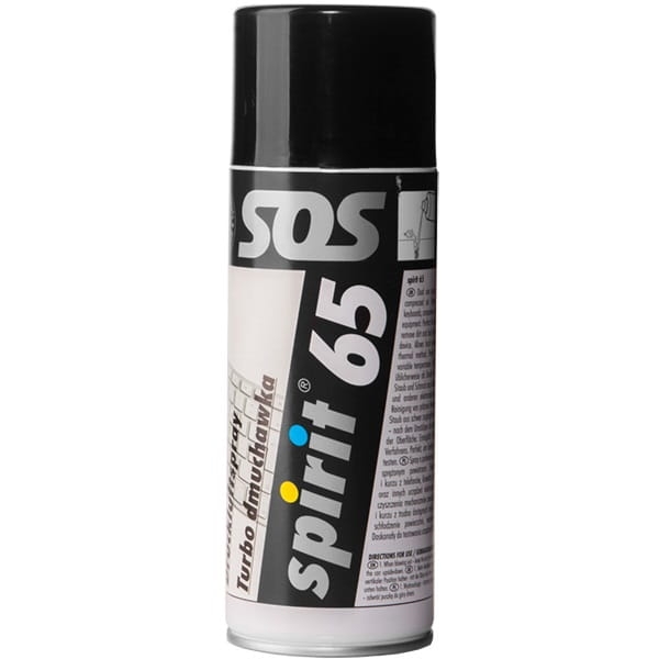 Sprężone powietrze w sprayu 400ml Spirit 65, z czarną pokrywką i etykietą w białych oraz kolorowych detalach. Etykieta zawiera informacje o produkcie oraz instrukcje użycia. Produkt stoi na jednolitym tle.
