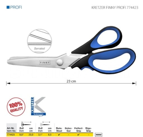 Nożyczki krawieckie ZYGZAK Kretzer Finny Profi 774423 o długości 23 cm, z ząbkowanym ostrzem. Rękojeść w kolorze niebieskim z ergonomicznym uchwytem, metalowa konstrukcja z logo Finny. Idealne do precyzyjnego cięcia materiałów.