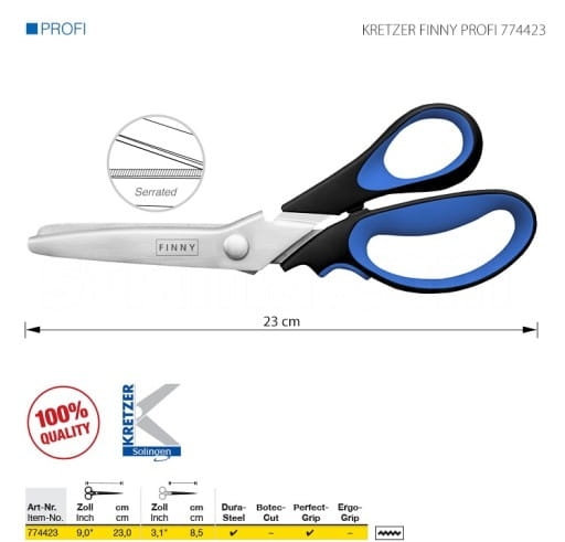 Nożyczki krawieckie ZYGZAK Kretzer Finny Profi 774423 o długości 23 cm, z ząbkowanym ostrzem. Rękojeść w kolorze niebieskim z ergonomicznym uchwytem, metalowa konstrukcja z logo Finny. Idealne do precyzyjnego cięcia materiałów.