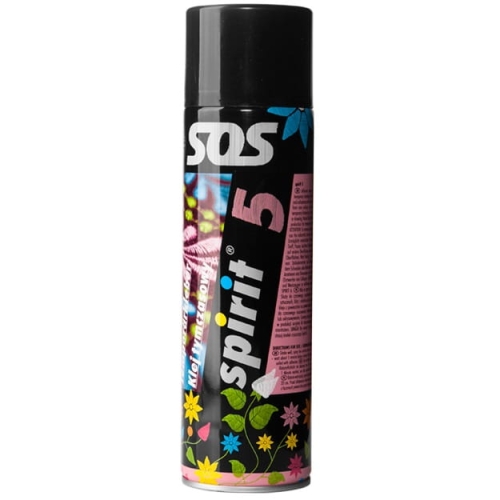 Klej tymczasowy spray 500ml Spirit 5 w czarnej puszce z kolorowym wzorem kwiatowym. Widoczny napis spirit 5 oraz logo SOS. Puszka stojąca, z zamknięciem na górze. Produkt przeznaczony do standardowego klejenia.