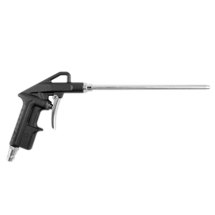 Pistolet do sprężonego powietrza z długą metalową dyszą, czarną rękojeścią z teksturą dla lepszego uchwytu. Ujęcie z boku, produkt w pozycji poziomej, z widocznym złączem do węża. Idealny do czyszczenia i dmuchania drobnych zanieczyszczeń.