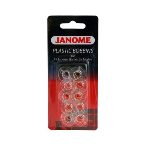 Plastikowe szpulki płaskie Janome w opakowaniu 10 sztuk. Szpulki mają przezroczysty kolor z metalowym rdzeniem, umieszczone w blistrze z logo Janome. Opakowanie ma z góry uchwyt do zawieszenia. Idealne do maszyn do szycia Janome.