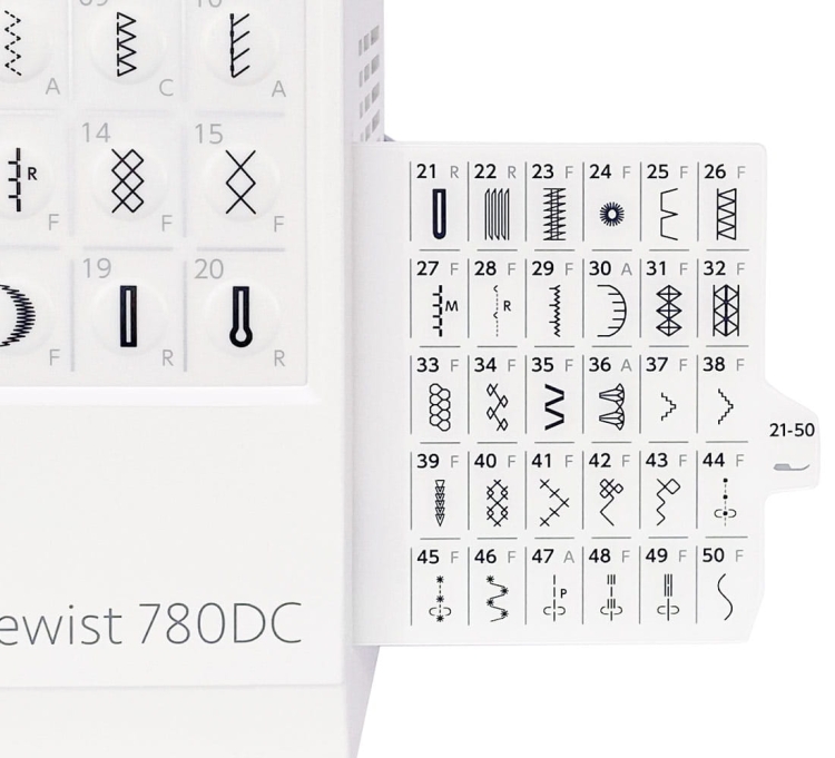Maszyna do szycia Janome 780DC z widocznym panelem wyboru ściegów. Na białym tle znajdują się symbole 50 różnych ściegów, z numeracją od 21 do 50. Panel jest umieszczony z boku, a całość ma elegancki, nowoczesny design.