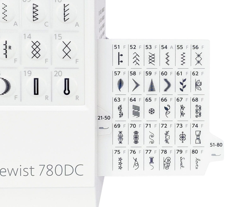 Panel maszyny do szycia Janome 780DC z widocznymi wzorami ściegów. Białe tło, czarne symbole ściegów w dwóch kolumnach, z numeracją od 21 do 80. U góry ikony reprezentujące różne techniki szycia, w tym wzory dekoracyjne i użytkowe.