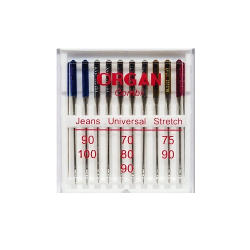 Zestaw igieł półpłaskich Organ Combi 130/705H, zawierający 10 sztuk w różnych rozmiarach (70, 75, 80, 90, 100) i typach (Jeans, Universal, Stretch). Igły umieszczone w przezroczystym opakowaniu z etykietą.