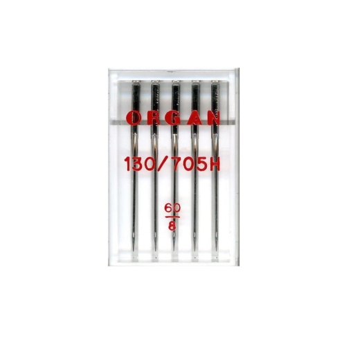 Igły półpłaskie ORGAN 130/705H uniwersalne 60, opakowanie zawierające 5 sztuk. Widoczne igły o metalicznym wykończeniu, z oznaczeniami na etykiecie: ORGAN, 130/705H, 60. Ułożone w przezroczystym opakowaniu.