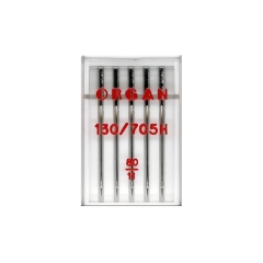 Igły półpłaskie ORGAN 130/705H w rozmiarze 80, pakowane po 5 sztuk. Widoczne igły o metalicznym wykończeniu, umieszczone w przezroczystym opakowaniu. Na opakowaniu widoczne czerwone napisy: ORGAN, 130/705H oraz 80.