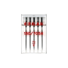 Igły półpłaskie ORGAN 130/705H uniwersalne, rozmiar 70, w opakowaniu 5 sztuk. Igły mają metaliczny, błyszczący wygląd z czarnymi końcówkami. Opakowanie przezroczyste, z widocznym logo ORGAN oraz oznaczeniami rozmiaru i typu igieł.