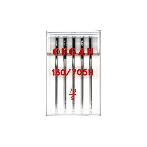 Igły półpłaskie ORGAN 130/705H uniwersalne, rozmiar 70, w opakowaniu 5 sztuk. Igły mają metaliczny, błyszczący wygląd z czarnymi końcówkami. Opakowanie przezroczyste, z widocznym logo ORGAN oraz oznaczeniami rozmiaru i typu igieł.
