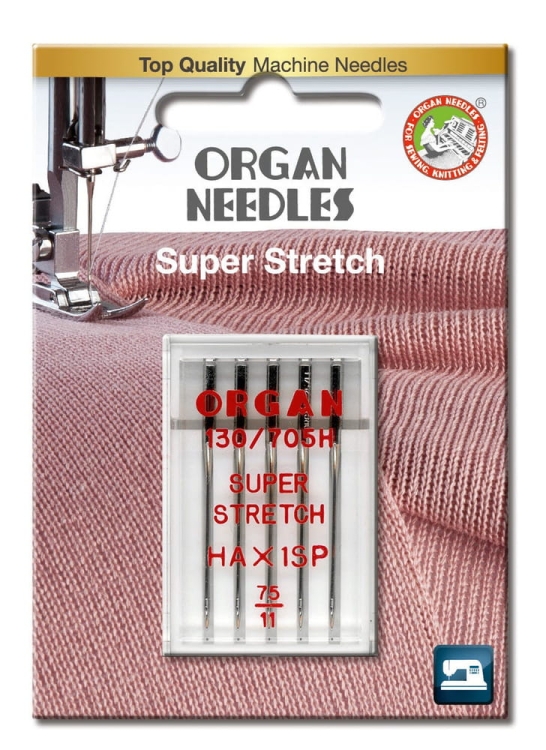 Igły półpłaskie Organ HAx1SP do stretchu, rozmiar 75, w przezroczystym blistrze. Na opakowaniu widoczne napisy: ORGAN, 130/705H, SUPER STRETCH. Tło w kolorze różowym z teksturą materiału.