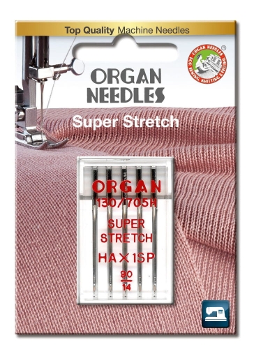 Igły półpłaskie Organ HAx1SP do stretchu 90 w przezroczystym blistrze. Widoczne sześć igieł, oznaczone jako 130/705H i SUPER STRETCH. Tło w kolorze różowym, tekst na opakowaniu czerwony. Idealne do szycia elastycznych materiałów.