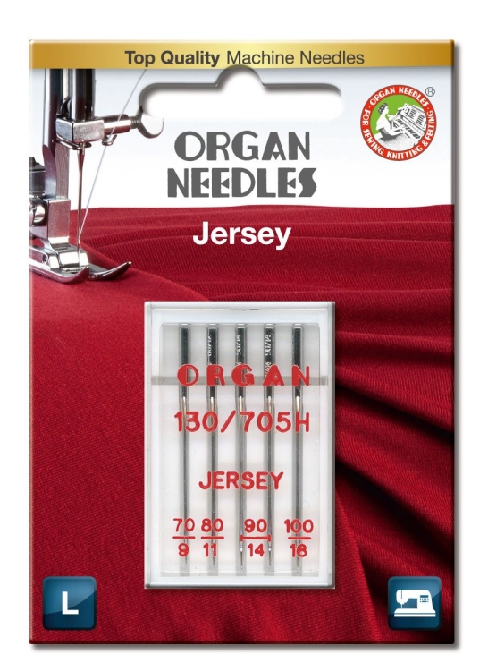 Igły półpłaskie ORGAN do jerseyu 130/705H w blistrze, zawierające 4 igły w rozmiarach 70, 80, 90, 100. Opakowanie z przezroczystego plastiku na tle czerwonego materiału, z widocznymi napisami ORGAN oraz JERSEY.