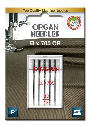 Igły półpłaskie owerlok ORGAN ELx705 CR 80 w przezroczystym blistrze, zawierające pięć igieł. Na opakowaniu widoczne logo ORGAN oraz oznaczenia ELx705 i 80. Tło w odcieniach brązu, z domieszką tkaniny.