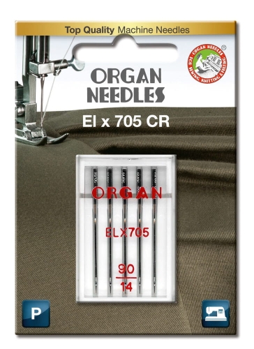 Igły półpłaskie owerlok ORGAN ELx705 CR 90 w blistrze, pięć igieł o długości 90 (14), widoczne logo ORGAN oraz napis ELx705 w kolorze czerwonym. Tło w odcieniu khaki, prezentujące igły w przezroczystym opakowaniu.