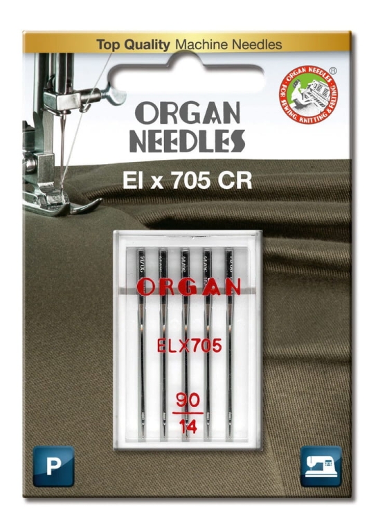 Igły półpłaskie owerlok ORGAN ELx705 CR 90 w blistrze, pięć igieł o długości 90 (14), widoczne logo ORGAN oraz napis ELx705 w kolorze czerwonym. Tło w odcieniu khaki, prezentujące igły w przezroczystym opakowaniu.