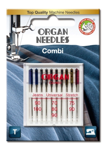 Igły półpłaskie Organ Combi 130/705H w blistrze, zawierające 10 sztuk. W zestawie igły w różnych rozmiarach: 70, 75, 80, 90, 100, dedykowane do tkanin jeansowych, uniwersalnych i elastycznych. Opakowanie przezroczyste, z widocznymi napisami.