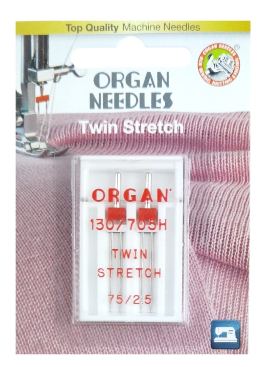 Igła podwójna półpłaska 130/705H Organ TWIN do stretchu, rozmiar 75/2,5 mm, w opakowaniu blistrze z przezroczystym wieczkiem. Widoczne dwa metalowe igły z czerwonymi uchwytami, umieszczone na białym tle z napisem ORGAN i TWIN STRETCH.