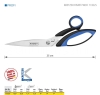 Nożyce krawieckie Kretzer Finny Profi 772025 o długości 25 cm. Ostrza ze stali Dura-Steel, ergonomiczne uchwyty w czarnym i niebieskim kolorze. Zbliżenie na napis FINNY oraz logo Kretzer. Produkt w pozycji leżącej na białym tle.