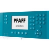 Panel sterujący maszyny do szycia PFAFF AMBITION 620 w kolorze turkusowym. Wyświetlacz z logo PFAFF oraz przyciski numeryczne i funkcjonalne, w tym przyciski do ustawień i nawigacji. Widoczna obudowa z matowym wykończeniem.
