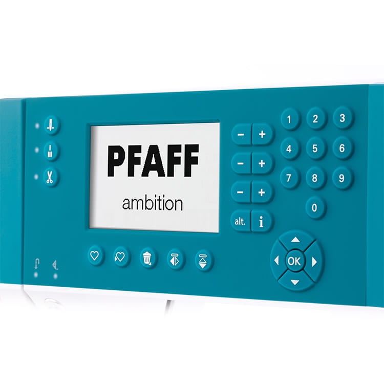 Panel sterujący maszyny do szycia PFAFF AMBITION 620 w kolorze turkusowym. Wyświetlacz z logo PFAFF oraz przyciski numeryczne i funkcjonalne, w tym przyciski do ustawień i nawigacji. Widoczna obudowa z matowym wykończeniem.