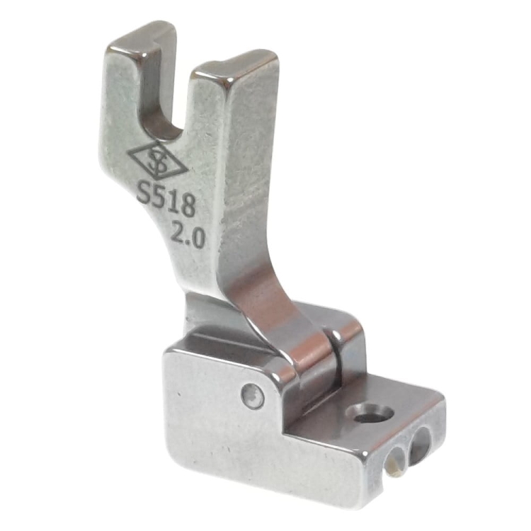 Stopka do wszywania zamków S518 krytych, wykonana z metalu, w kolorze srebrnym. Ma szerokość 14 mm, z wycięciem dla zamka i oznaczeniem S518 2.0. Ujęcie z boku, pokazujące szczegóły konstrukcji oraz mocowanie.
