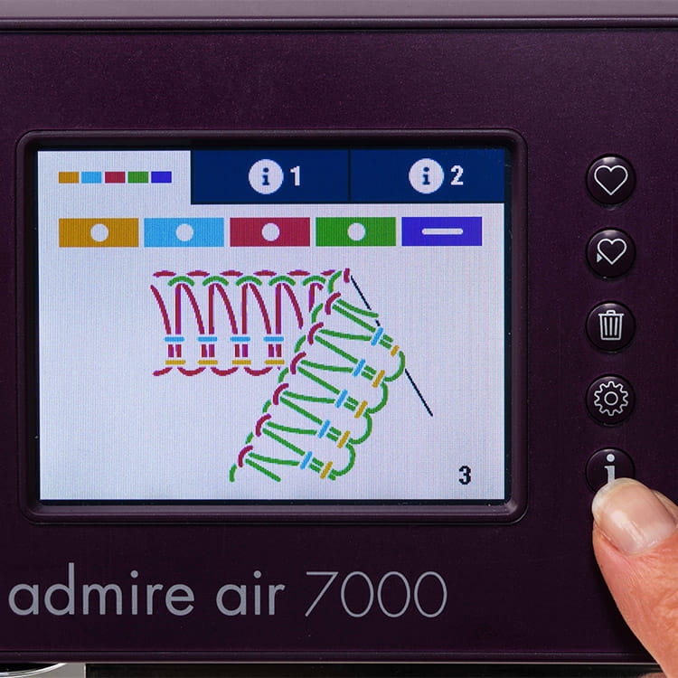 Ekran dotykowy maszyny Coverlok PFAFF ADMIRE AIR 7000, prezentujący kolorowy schemat ściegu oraz przyciski do nawigacji. Widoczna ręka użytkownika wskazująca na ekran. Na dole nazwa modelu admire air 7000.
