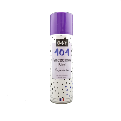 Klej tymczasowy spray 250ml ODIF 404 do papieru, z fioletową nakrętką, biały pojemnik z czarnymi i niebieskimi wzorami. Etykieta z napisem 404 Tymczasowy Klej Do papieru, informacja, że nie jest transferem bezkwasowym.