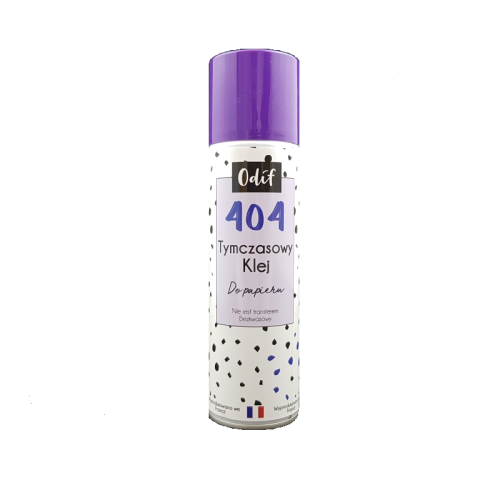Klej tymczasowy spray 250ml ODIF 404 do papieru, z fioletową nakrętką, biały pojemnik z czarnymi i niebieskimi wzorami. Etykieta z napisem 404 Tymczasowy Klej Do papieru, informacja, że nie jest transferem bezkwasowym.
