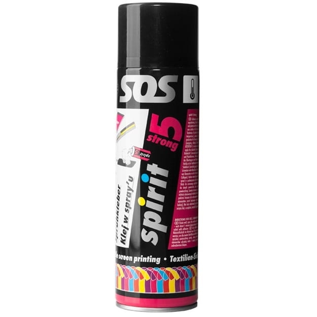 Klej tymczasowy spray 500ml Spirit 5 Strong w czarnej butelce z kolorowymi napisami. Wyróżnia się podwyższoną siłą klejenia. Widoczny jest również informacje o zastosowaniu na etykiecie. Butelka stoi w pozycji pionowej na jasnym tle.